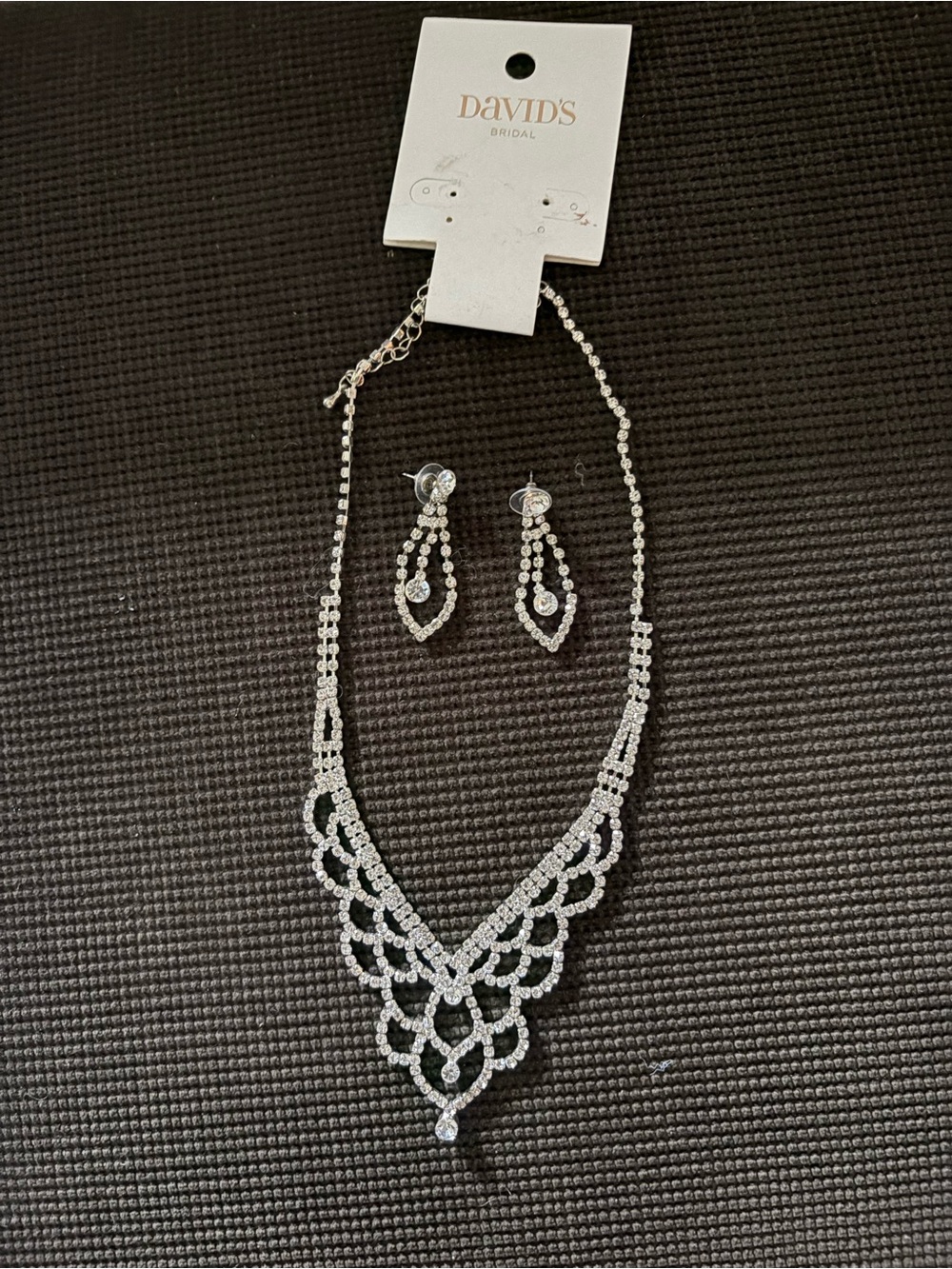 David's Bridal Silver Crystal V-Shaped Necklace with Drop Earrings